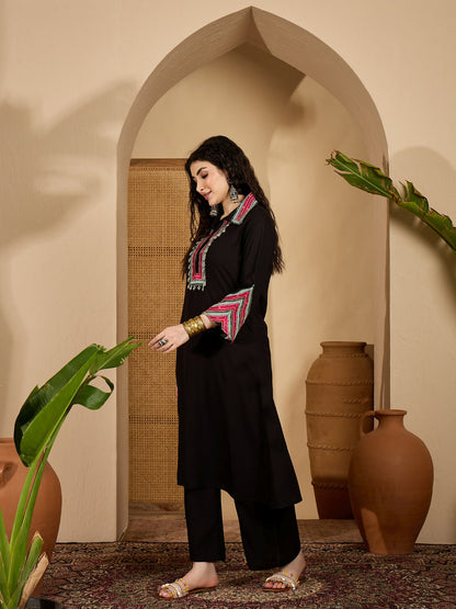 Women's Black Solid & Embroidered Rayon A-Line Kurta Pant Set
