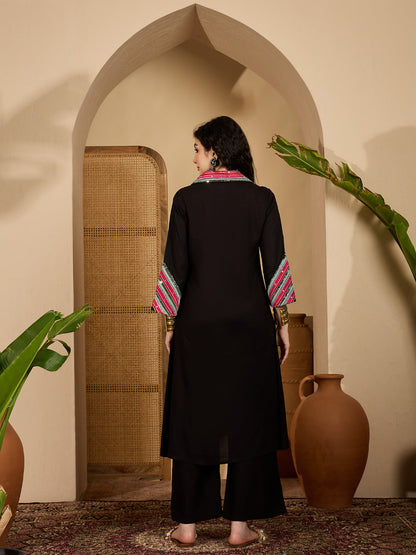 Women's Black Solid & Embroidered Rayon A-Line Kurta Pant Set