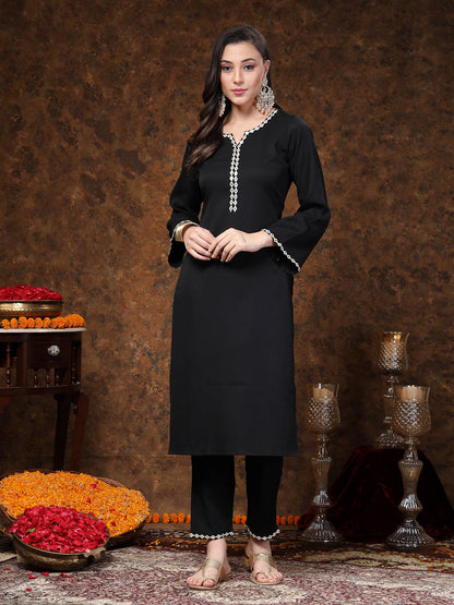 Black Solid & Embroidered Italian Crepe Straight Kurta Pant Set (Pre-Order)