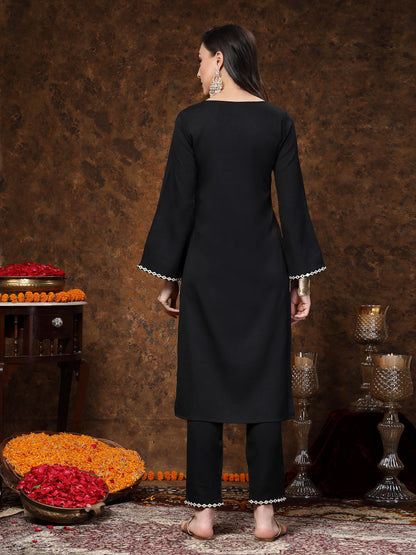 Black Solid & Embroidered Italian Crepe Straight Kurta Pant Set (Pre-Order)