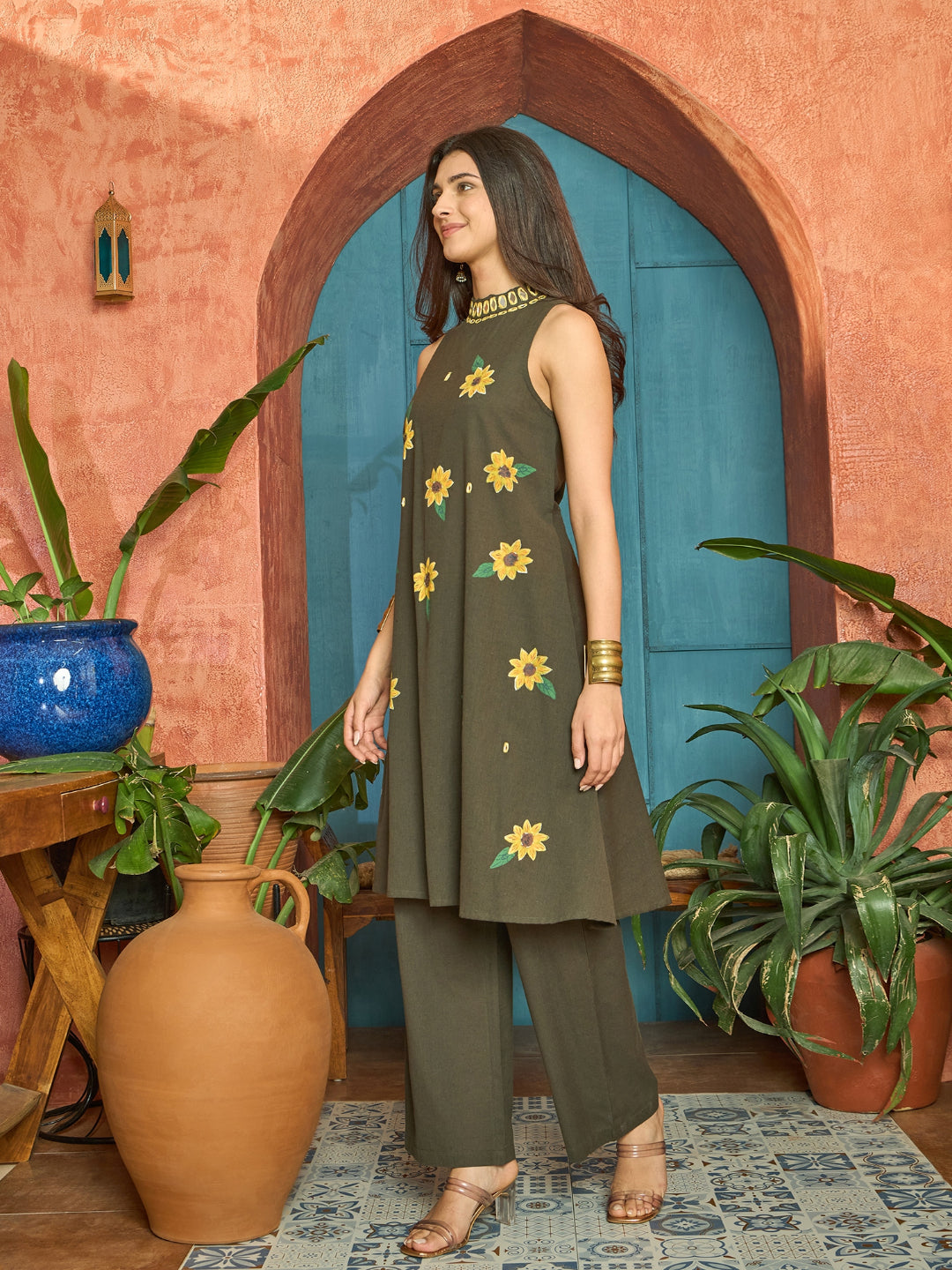 Solid Hand Printed Mirror Work Cotton Flex A-Line Kurta Pant Set