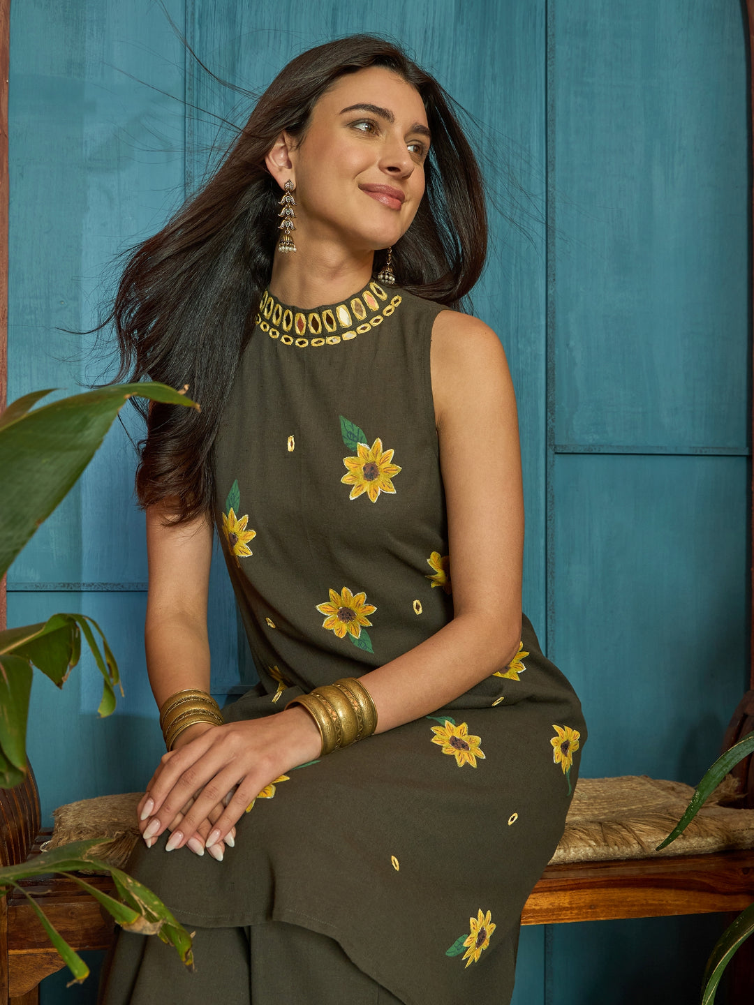 Solid Hand Printed Mirror Work Cotton Flex A-Line Kurta Pant Set