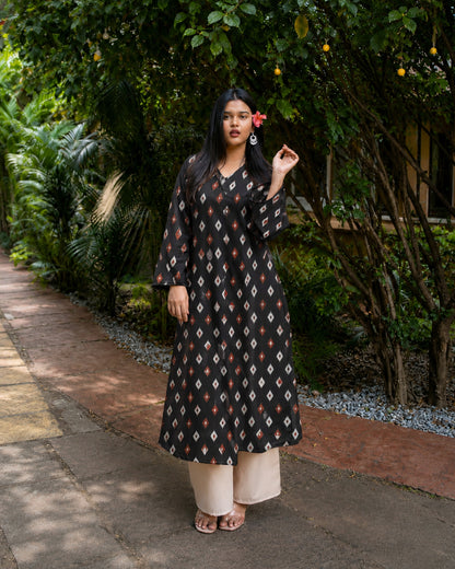 Ikat Printed Rayon A-Line Kurta With Palazzo