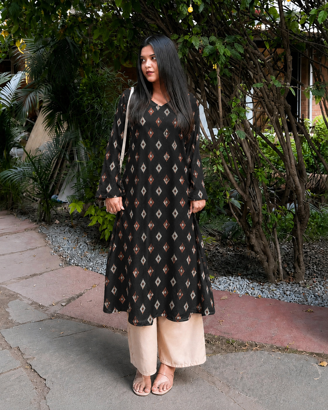 Ikat Printed Rayon A-Line Kurta With Palazzo