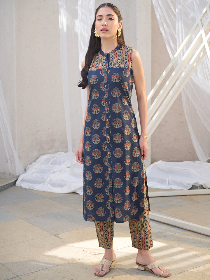 Blue Ajrakh Printed Cotton Straight Kurta Pant Set