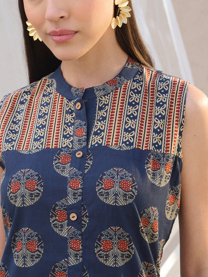 Blue Ajrakh Printed Cotton Straight Kurta Pant Set