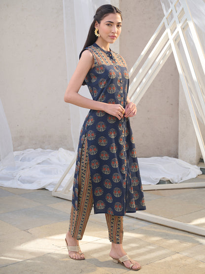 Blue Ajrakh Printed Cotton Straight Kurta Pant Set (Pre-Order)