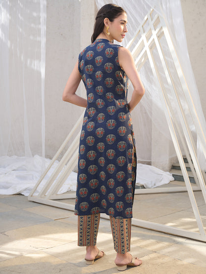 Blue Ajrakh Printed Cotton Straight Kurta Pant Set