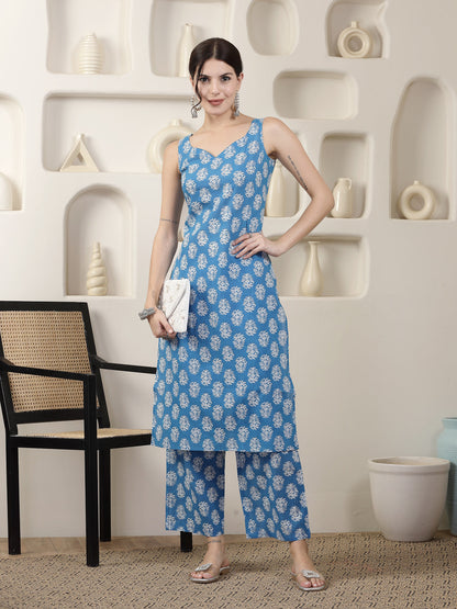 Indigo Blue Floral Printed Cotton Straight Kurta Pant Set