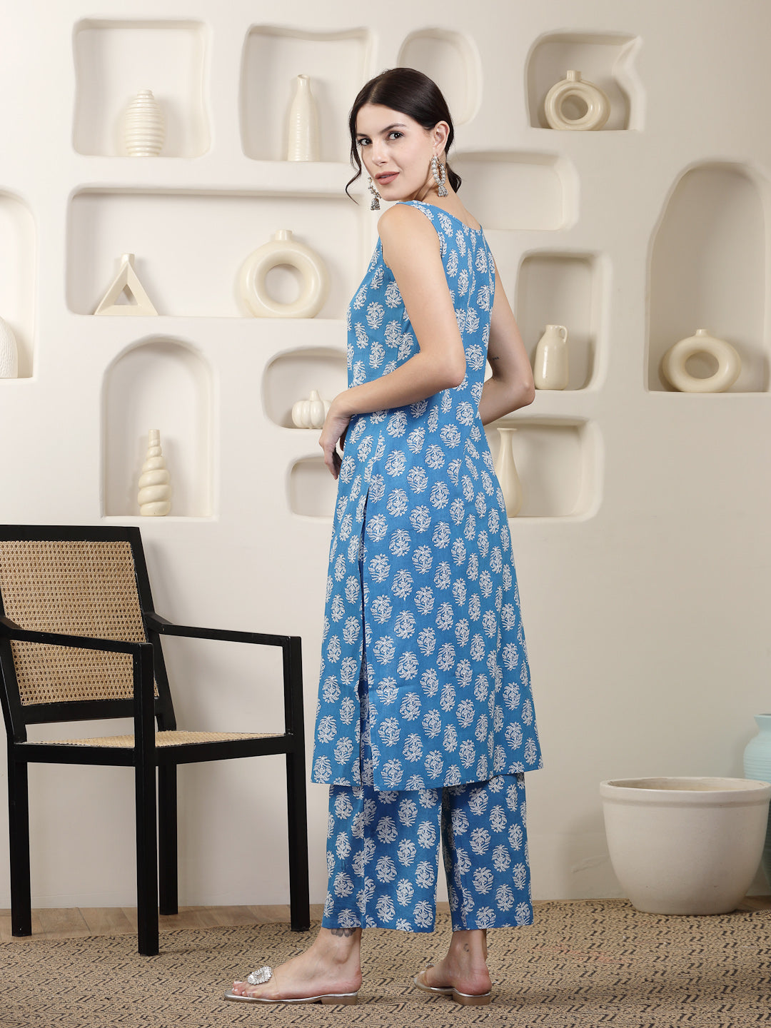 Indigo Blue Floral Printed Cotton Straight Kurta Pant Set