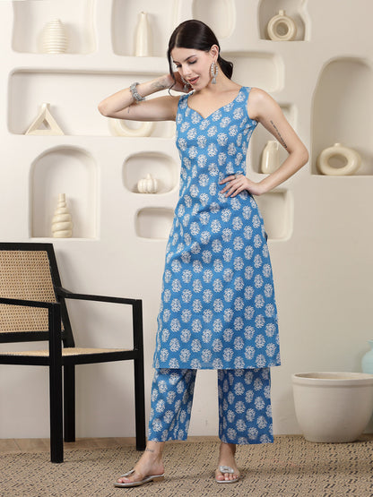 Indigo Blue Floral Printed Cotton Straight Kurta Pant Set