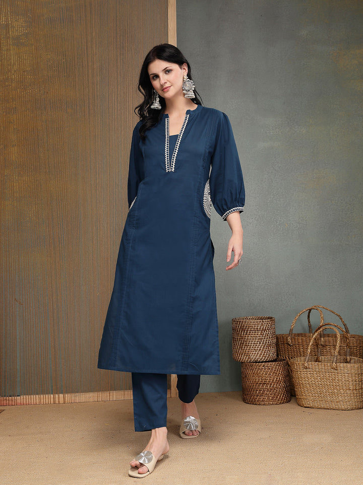 Solid &amp; Embroidered Cotton A-line Kurta Pant Set