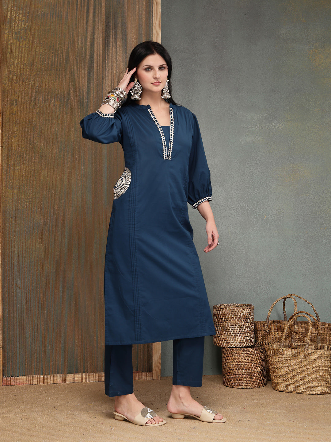Solid &amp; Embroidered Cotton A-line Kurta Pant Set