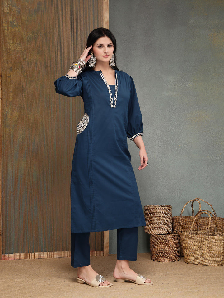 Solid &amp; Embroidered Cotton A-line Kurta Pant Set