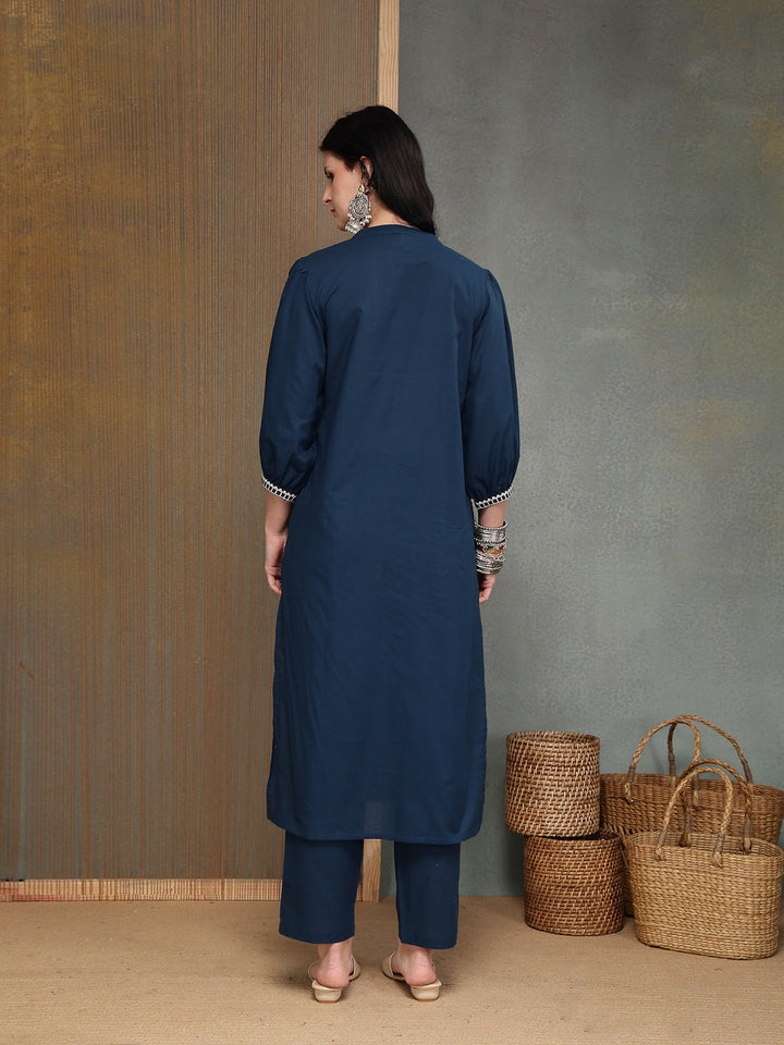 Solid &amp; Embroidered Cotton A-line Kurta Pant Set