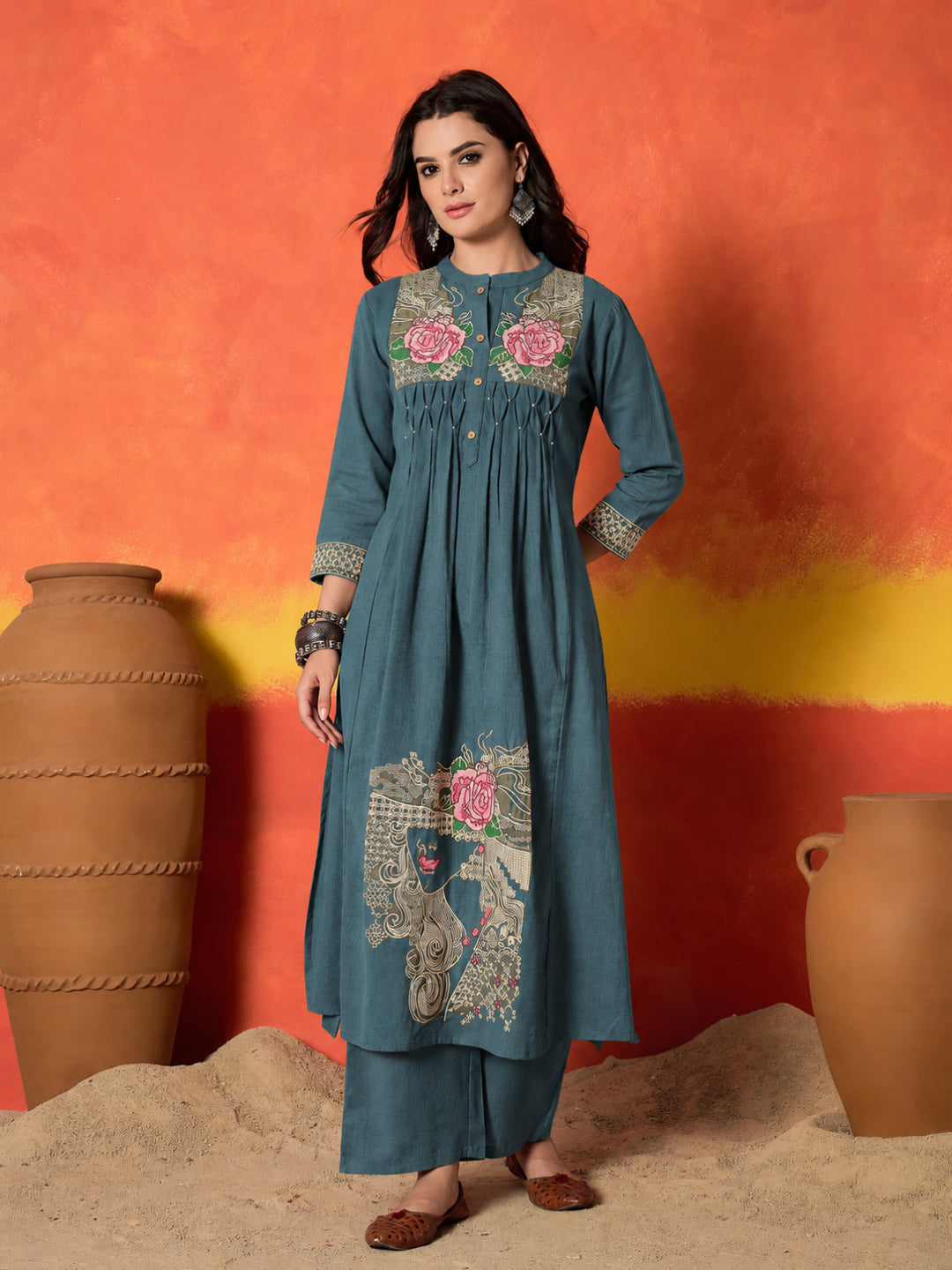 Solid &amp; Embroidered Cotton Flex A-Line Kurta Palazzo Set