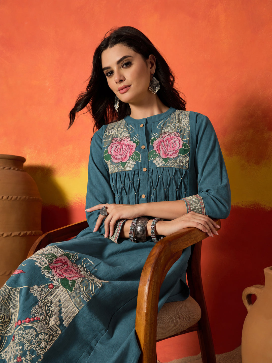 Solid &amp; Embroidered Cotton Flex A-Line Kurta Palazzo Set