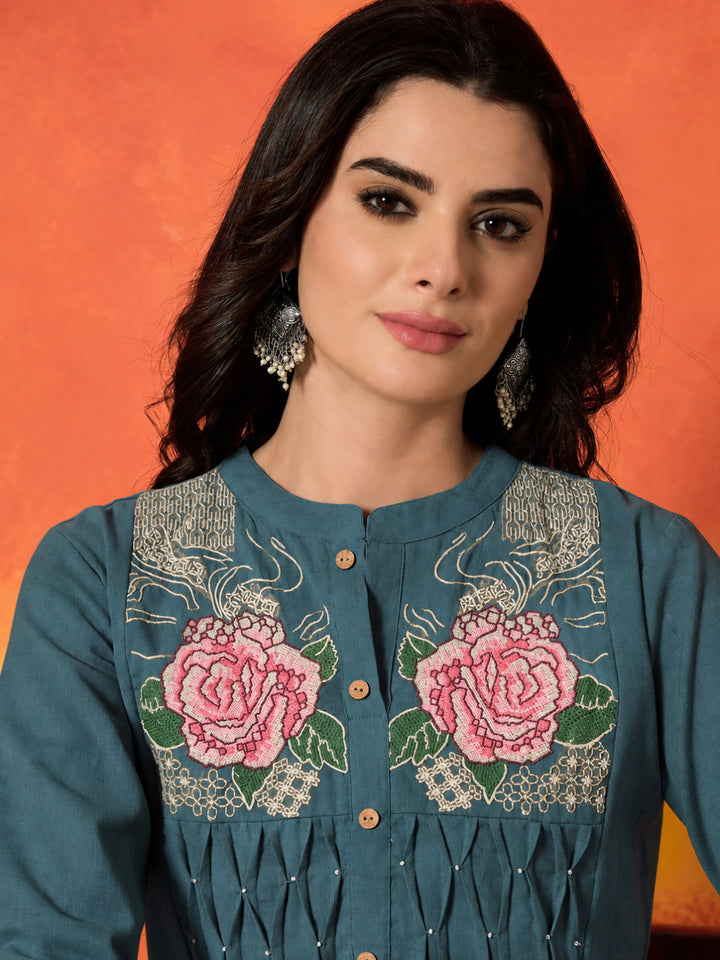 Solid &amp; Embroidered Cotton Flex A-Line Kurta Palazzo Set