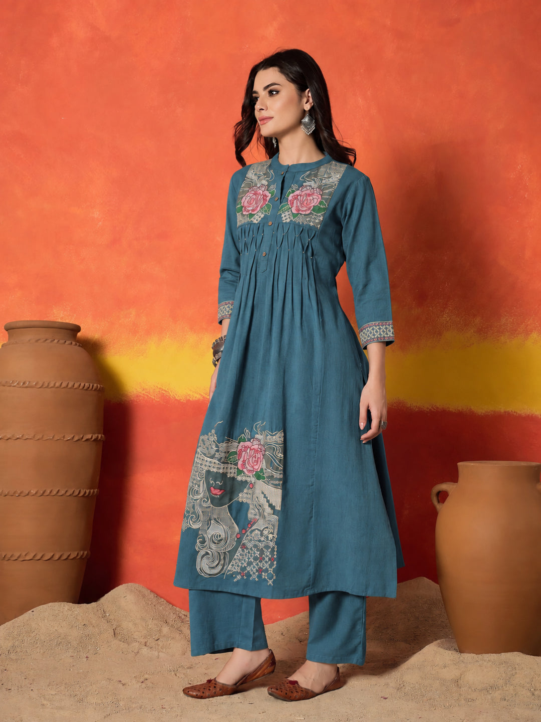 Solid &amp; Embroidered Cotton Flex A-Line Kurta Palazzo Set