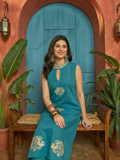 Solid & Embroidered Cotton Straight Kurta Pant Set