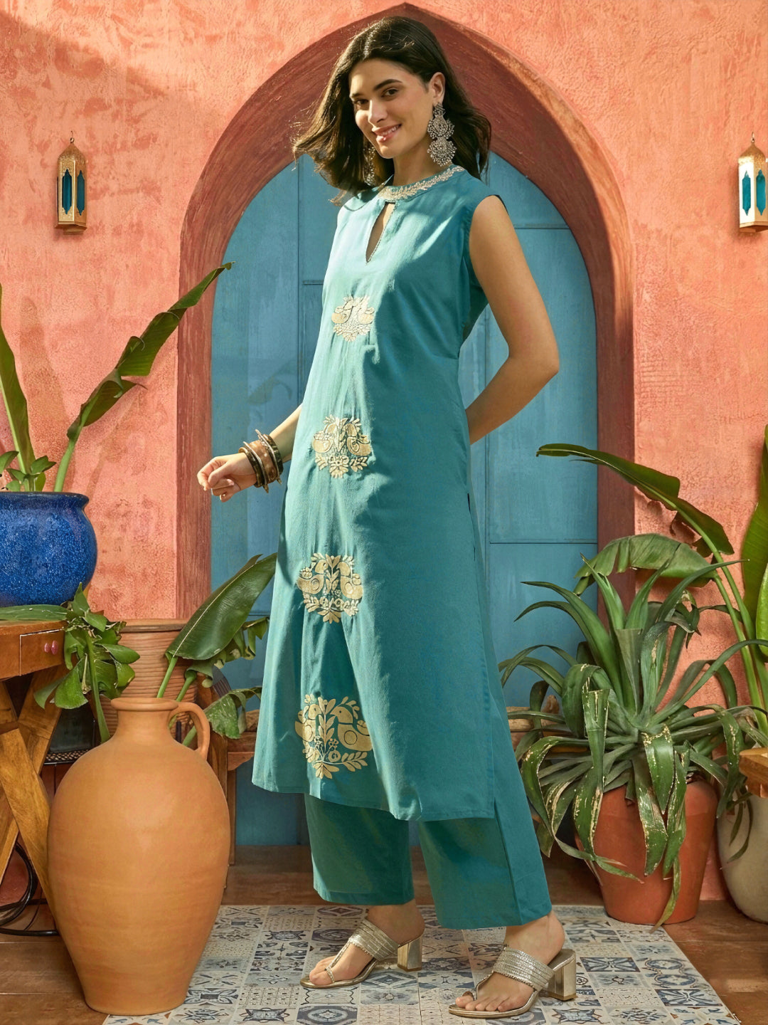 Solid & Embroidered Cotton Straight Kurta Pant Set