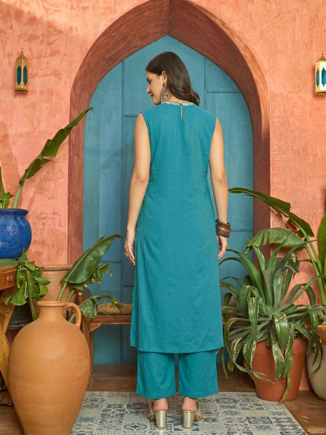 Solid & Embroidered Cotton Straight Kurta Pant Set