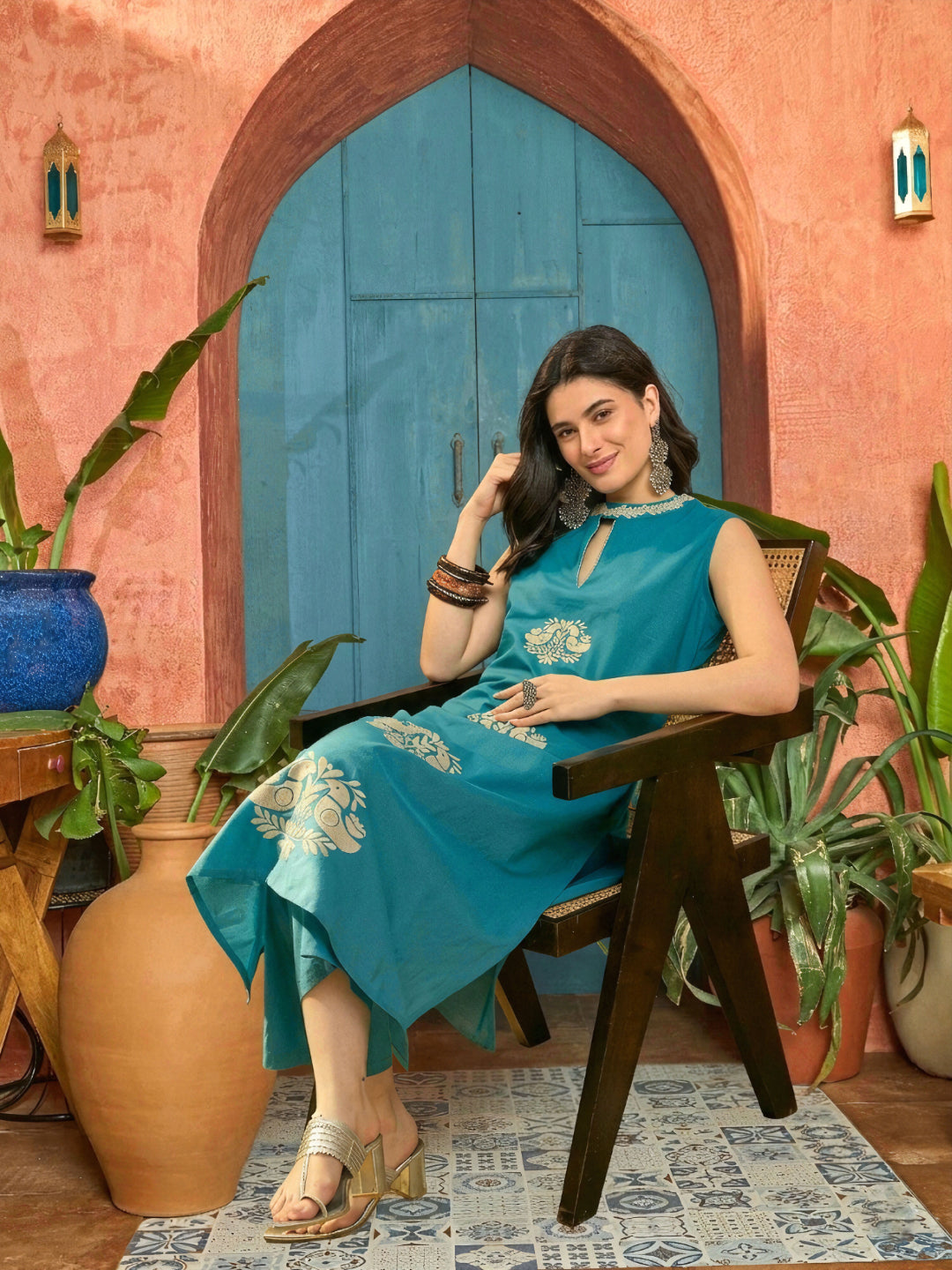 Solid & Embroidered Cotton Straight Kurta Pant Set