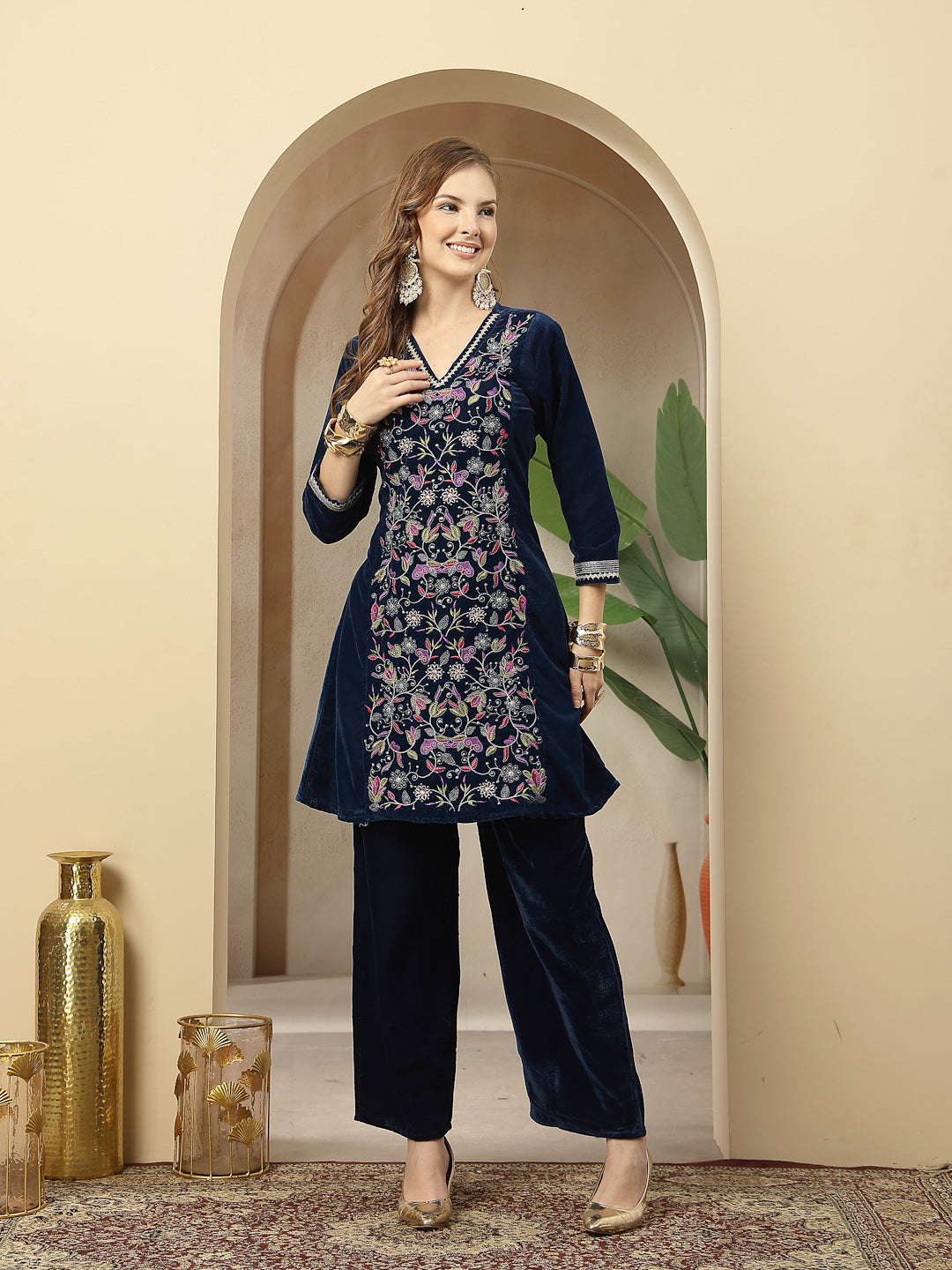 Women's Blue Solid & Embroidered Velvet A-Line Kurta Pant Set