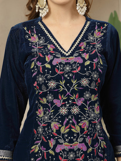 Women's Blue Solid & Embroidered Velvet A-Line Kurta Pant Set
