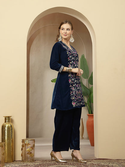 Women's Blue Solid & Embroidered Velvet A-Line Kurta Pant Set