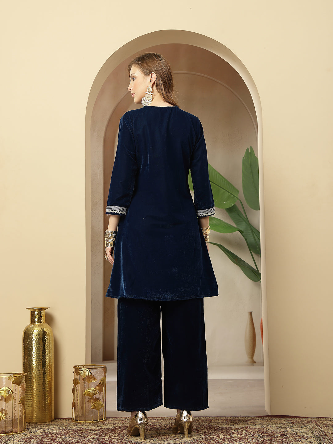 Women's Blue Solid & Embroidered Velvet A-Line Kurta Pant Set