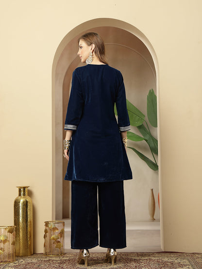 Women's Blue Solid & Embroidered Velvet A-Line Kurta Pant Set