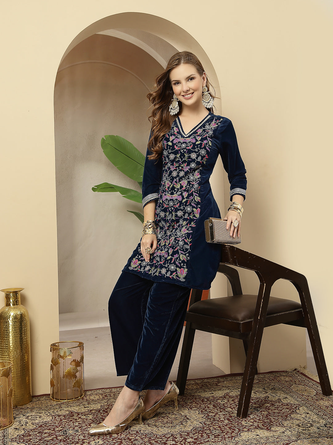 Women's Blue Solid & Embroidered Velvet A-Line Kurta Pant Set