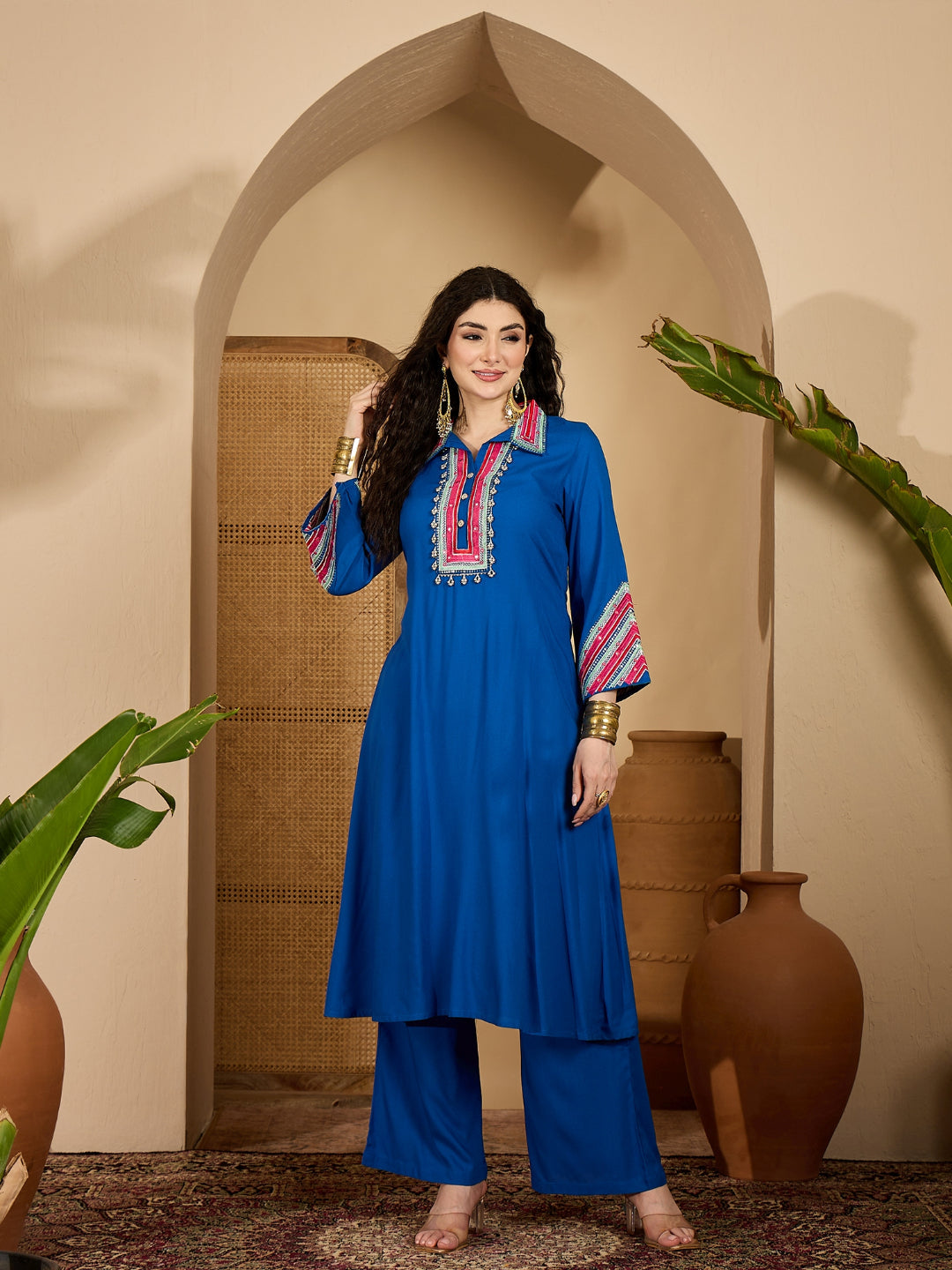 Women's Blue Solid & Embroidered Rayon A-Line Kurta Pant Set