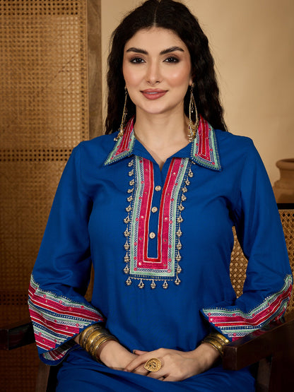 Women's Blue Solid & Embroidered Rayon A-Line Kurta Pant Set