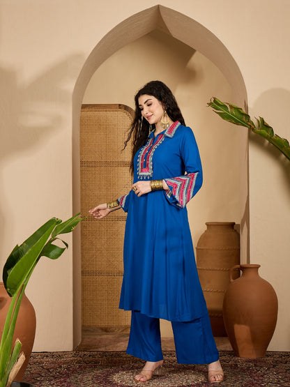 Women's Blue Solid & Embroidered Rayon A-Line Kurta Pant Set