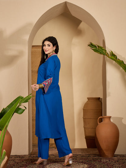 Women's Blue Solid & Embroidered Rayon A-Line Kurta Pant Set