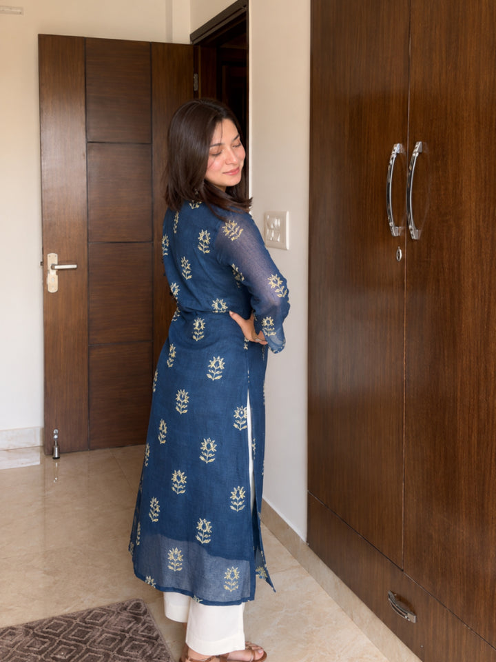 Ethnic Motifs Printed Cotton Blend Straight Kurta Pant Set