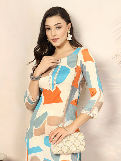 Multi Abstract Printed Poly Crepe Straight Kurta Pant Set (Pre-Order)