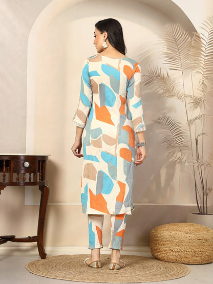 Multi Abstract Printed Poly Crepe Straight Kurta Pant Set