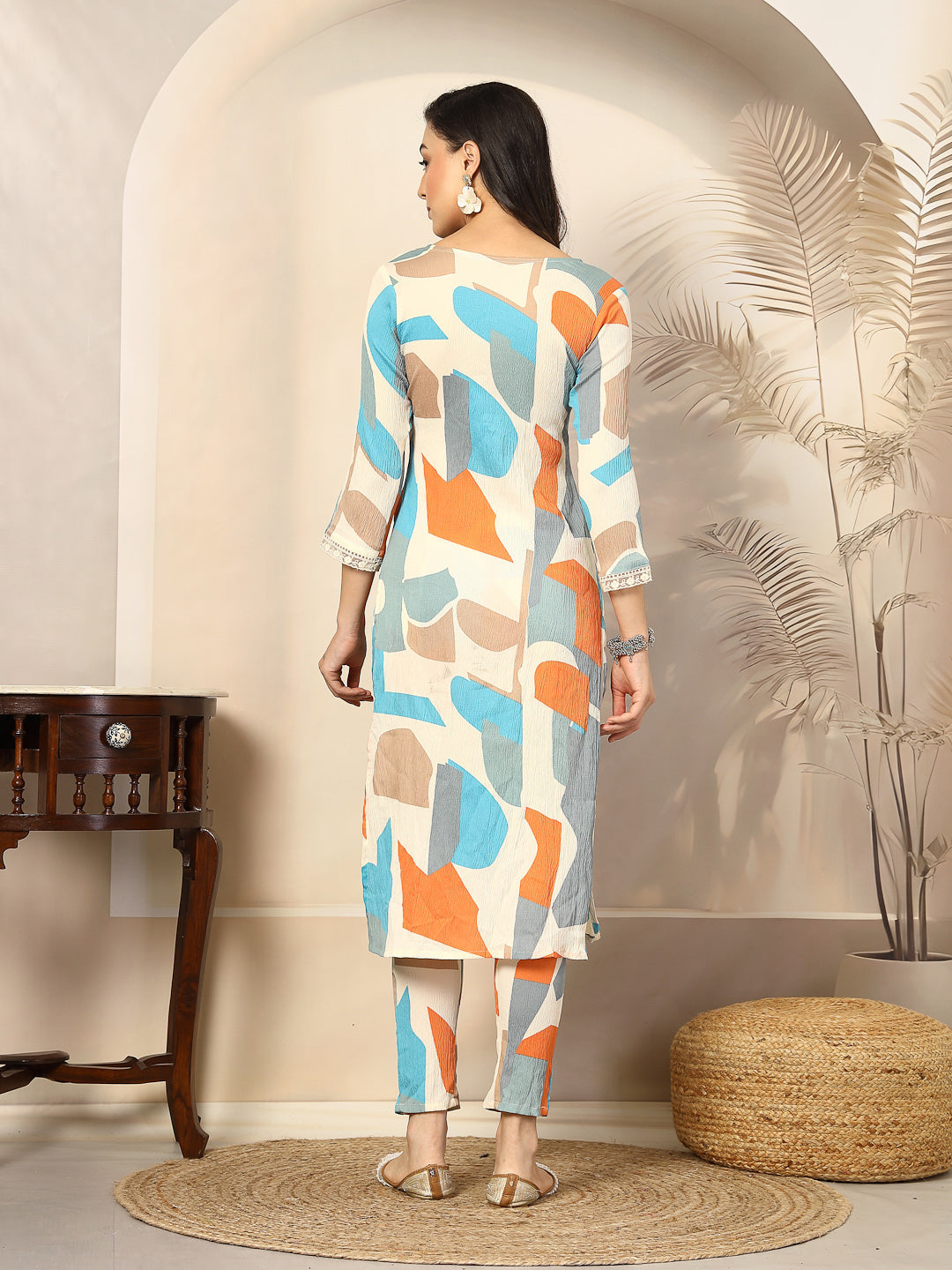 Multi Abstract Printed Poly Crepe Straight Kurta Pant Set (Pre-Order)