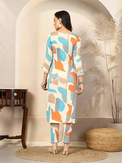 Multi Abstract Printed Poly Crepe Straight Kurta Pant Set (Pre-Order)