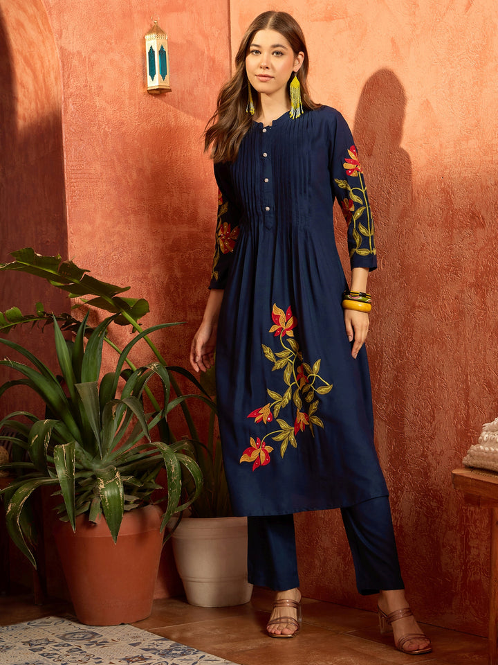 Solid &amp; Embroidered Rayon Straight Kurta Pant Set