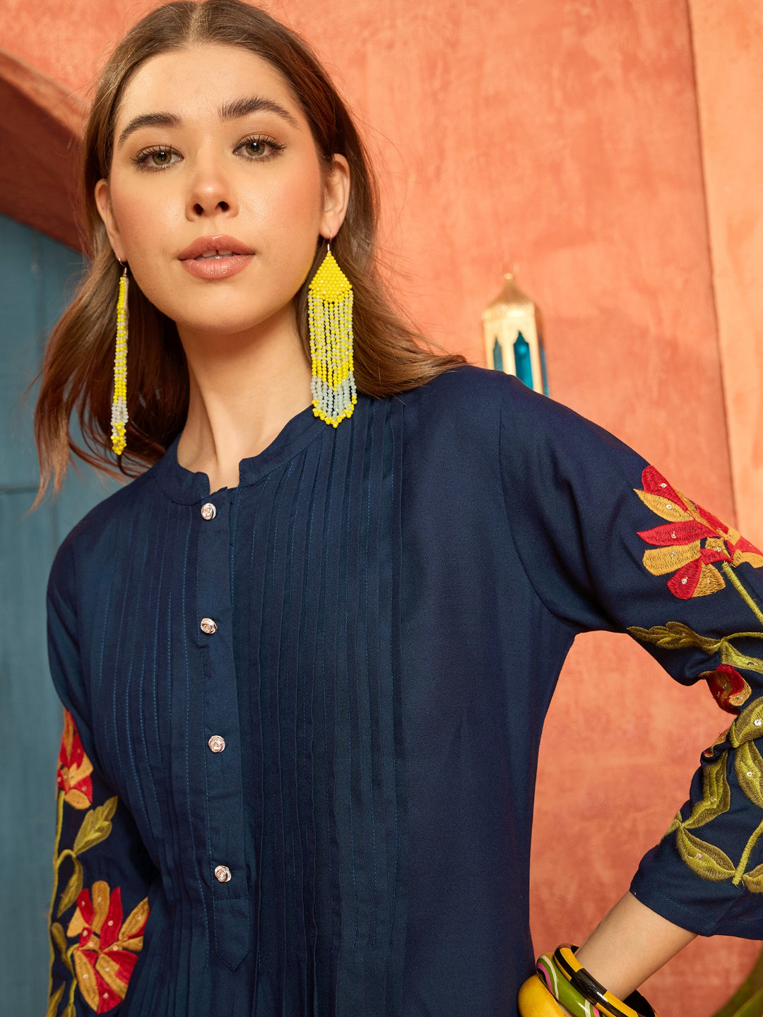 Solid &amp; Embroidered Rayon Straight Kurta Pant Set