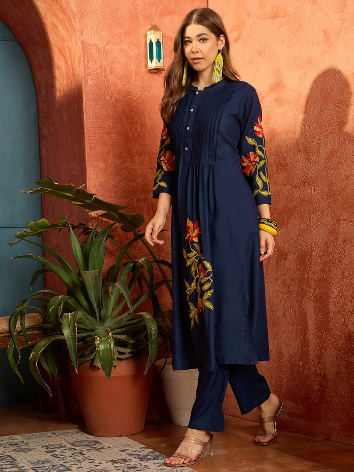 Solid &amp; Embroidered Rayon Straight Kurta Pant Set