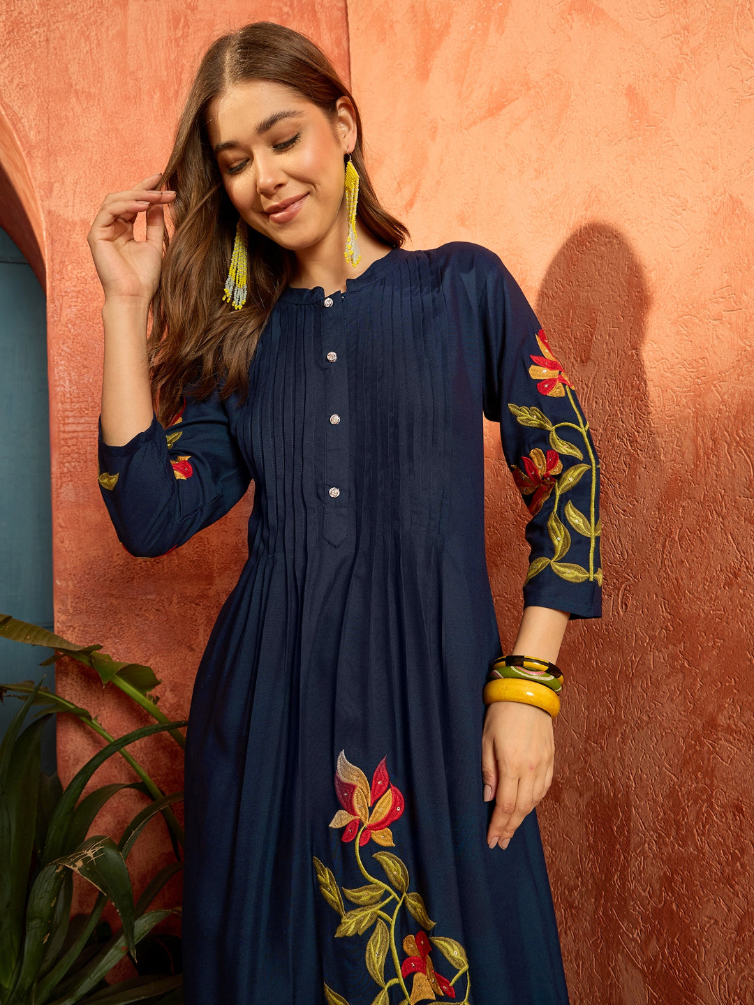 Solid &amp; Embroidered Rayon Straight Kurta Pant Set