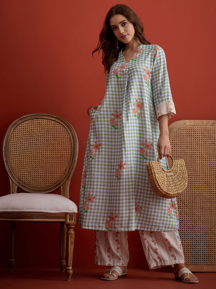 Floral Printed Rayon A-Line Kurta Palazzo Set