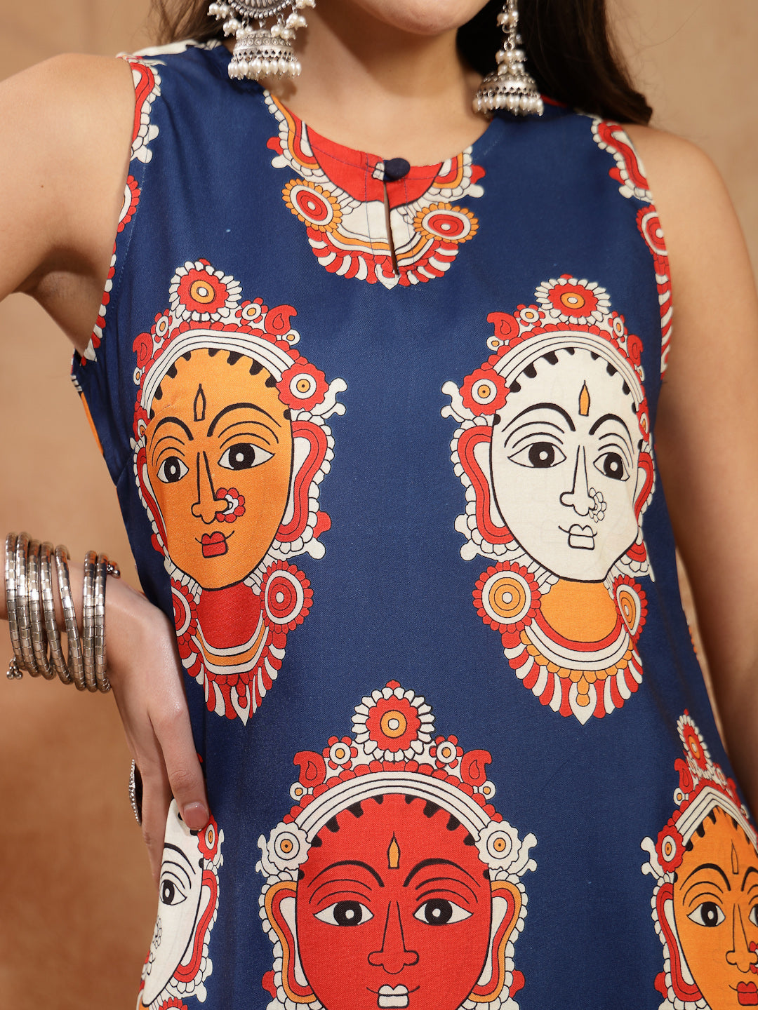 Kalamkari Face Printed Rayon A-Line Kurta Palazzo Set
