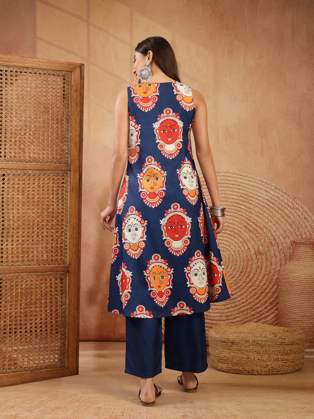Kalamkari Face Printed Rayon A-Line Kurta Palazzo Set