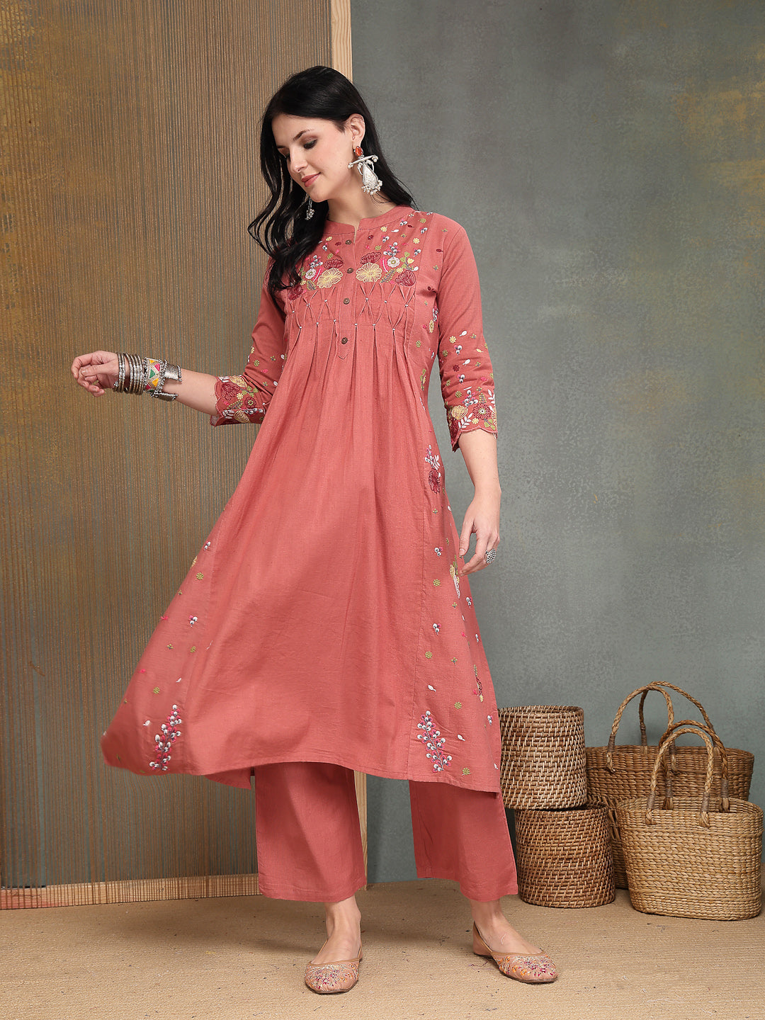 Solid &amp; Embroidered Cotton A-Line Kurta Pant Set